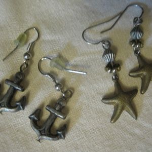 3/$20 Earrings 2 Prs, Silvertone Anchors/Starfish